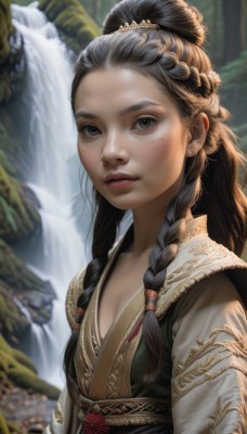 1girl,solo,long hair,looking at viewer,brown hair,black hair,hair ornament,long sleeves,closed mouth,upper body,braid,outdoors,parted lips,day,water,hair bun,blurry,black eyes,twin braids,flat chest,lips,grey eyes,sash,eyelashes,depth of field,blurry background,hair over shoulder,forehead,freckles,realistic,nose,waterfall,traditional clothes,multiple braids,breasts,blush,cleavage,brown eyes,small breasts,artist name,mole,single hair bun,nature