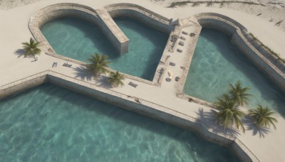 outdoors,day,water,tree,no humans,shadow,ocean,from above,beach,building,scenery,sand,palm tree,watercraft,boat,shore,dock,window,plant,stairs,pool,bush