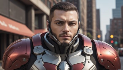 solo,looking at viewer,short hair,brown hair,black hair,1boy,brown eyes,closed mouth,upper body,male focus,outdoors,armor,blurry,black eyes,blurry background,facial hair,building,portrait,beard,science fiction,city,realistic,mustache,stubble,animification,power armor,day,lips,headset,pilot suit,earpiece