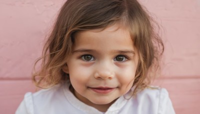 1girl,solo,looking at viewer,smile,short hair,brown hair,shirt,brown eyes,closed mouth,white shirt,upper body,blurry,lips,pink background,portrait,realistic,bangs,messy hair,close-up