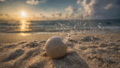 outdoors, sky, cloud, water, blurry, no humans, depth of field, ocean, beach, cloudy sky, scenery, sunset, sun, horizon