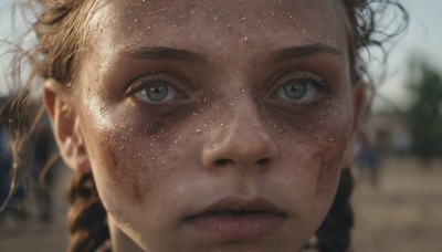 1girl,solo,looking at viewer,brown hair,closed mouth,braid,outdoors,day,mole,blurry,lips,grey eyes,eyelashes,depth of field,blurry background,portrait,close-up,freckles,realistic,nose,mole on cheek,blonde hair,tree,dirty,dirty face