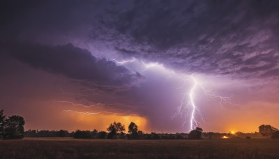 outdoors,sky,cloud,tree,no humans,cloudy sky,grass,building,nature,scenery,forest,sunset,sun,electricity,lightning,landscape,fire,ground vehicle,motor vehicle