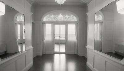 monochrome,greyscale,indoors,no humans,window,shadow,sunlight,curtains,scenery,wooden floor,stairs,door,light,lamp,hallway,reflection,ceiling light,reflective floor