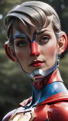 1girl,solo,looking at viewer,short hair,brown eyes,upper body,grey hair,blurry,lips,eyelashes,bodysuit,makeup,mask,blurry background,lipstick,portrait,genderswap,close-up,genderswap (mtf),realistic,nose,red lips,animification,superhero,red bodysuit,closed mouth,eyeshadow,backlighting