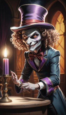 solo,looking at viewer,smile,red eyes,gloves,1boy,hat,bow,male focus,teeth,indoors,bowtie,fingernails,orange eyes,window,mask,fangs,curly hair,top hat,candle,candlelight,brown hair,red bow,makeup,watermark,table,fire,sharp teeth,pale skin,skull,grey skin,candlestand