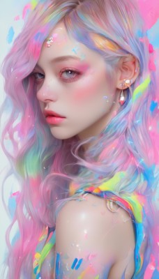 1girl,solo,long hair,breasts,looking at viewer,blush,blue eyes,bare shoulders,jewelry,closed mouth,upper body,pink hair,multicolored hair,earrings,from side,lips,grey eyes,eyelashes,makeup,piercing,lipstick,ear piercing,portrait,eyeshadow,realistic,nose,eyeliner,colorful,mascara,rainbow hair,blonde hair,gradient hair,pink lips