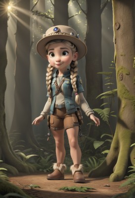 1girl,solo,long hair,looking at viewer,smile,blonde hair,shirt,long sleeves,hat,twintails,brown eyes,closed mouth,standing,jacket,full body,white shirt,braid,boots,outdoors,open clothes,shorts,belt,vest,twin braids,tree,thigh strap,brown footwear,sunlight,child,nature,forest,pouch,brown headwear,female child,ankle boots,short over long sleeves,brown shorts,short sleeves,fur trim,thick eyebrows,light rays,blue vest,sunbeam,fur-trimmed boots