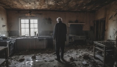 solo,short hair,long sleeves,1boy,standing,jacket,white hair,male focus,shoes,pants,indoors,from behind,black footwear,black jacket,window,chair,black pants,formal,table,suit,scenery,ruins,wide shot,sink,cabinet,weapon,plant,desk,facing away,potted plant,light,lamp,shelf,drawer,chandelier