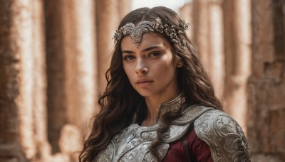 1girl,solo,long hair,looking at viewer,brown hair,brown eyes,closed mouth,upper body,armor,blurry,lips,depth of field,blurry background,wavy hair,tiara,shoulder armor,portrait,circlet,realistic,fantasy,pillar,column