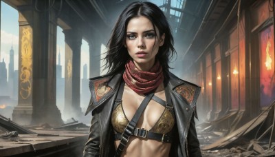 HQ,1girl,solo,long hair,breasts,looking at viewer,blue eyes,black hair,cleavage,medium breasts,jacket,upper body,open clothes,scarf,open jacket,lips,black jacket,makeup,scar,fire,bikini top only,scar on face,red scarf,realistic,nose,leather,ruins,leather jacket,short hair,swimsuit,bikini,small breasts,coat,breasts apart,open coat