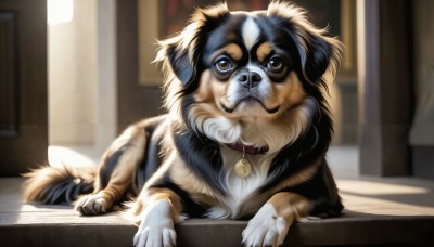 HQ,solo,looking at viewer,brown eyes,closed mouth,indoors,blurry,collar,no humans,blurry background,animal,dog,realistic,animal focus,animal collar,jewelry,lying,signature,necklace,depth of field,watermark,sunlight,on stomach,web address,pendant,door,red collar