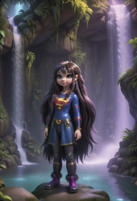 1girl,solo,long hair,smile,bangs,blue eyes,brown hair,shirt,black hair,long sleeves,very long hair,standing,full body,boots,outdoors,parted lips,shoes,teeth,shiny,belt,pants,artist name,water,black footwear,watermark,black pants,blue shirt,plant,child,nature,web address,rock,female child,waterfall,torn pants,breasts,looking at viewer,closed mouth,small breasts,lips,torn clothes,bodysuit,leaf,superhero