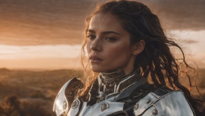 1girl,solo,long hair,looking at viewer,brown hair,black hair,brown eyes,upper body,outdoors,parted lips,sky,cloud,dark skin,armor,blurry,black eyes,dark-skinned female,lips,blurry background,wavy hair,shoulder armor,portrait,science fiction,curly hair,pauldrons,breastplate,realistic,nose,very dark skin,makeup,floating hair,wind,messy hair,close-up,cyborg,desert