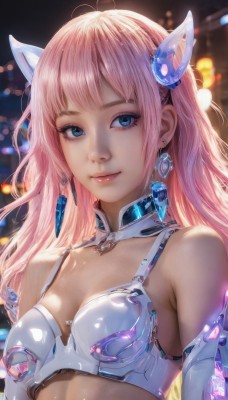 1girl,solo,long hair,breasts,looking at viewer,smile,bangs,blue eyes,hair ornament,cleavage,bare shoulders,jewelry,closed mouth,upper body,pink hair,earrings,small breasts,elbow gloves,blurry,lips,blurry background,realistic,medium breasts,swimsuit,bikini,shiny,bra,armor,eyelashes,detached collar,depth of field,headgear,gem,backlighting,crystal,nose,bikini armor,bokeh