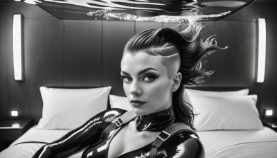 1girl,solo,long hair,breasts,looking at viewer,cleavage,medium breasts,monochrome,upper body,greyscale,indoors,lips,pillow,bodysuit,bed,makeup,lipstick,science fiction,realistic,nose,undercut,smile,shiny