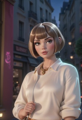 1girl,solo,breasts,looking at viewer,blush,short hair,bangs,skirt,brown hair,shirt,long sleeves,brown eyes,jewelry,white shirt,upper body,outdoors,parted lips,sky,collared shirt,belt,artist name,blunt bangs,necklace,bag,blurry,lips,eyelashes,night,blurry background,bob cut,building,city,nose,earrings,teeth,makeup,watermark,thick eyebrows,lipstick,night sky,handbag,shoulder bag,pink lips