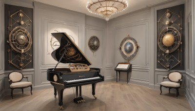 indoors,book,no humans,window,shadow,chair,table,instrument,scenery,wooden floor,door,clock,gears,piano,still life,roman numeral,phonograph,grand piano,sitting,music,stool,playing instrument,drum,speaker,constellation,ceiling light,globe,sheet music,analog clock,wall clock