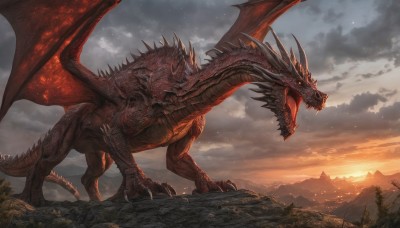 open mouth,tail,outdoors,wings,horns,sky,teeth,cloud,tree,no humans,cloudy sky,sharp teeth,nature,scenery,claws,spikes,sunset,monster,mountain,fantasy,dragon,scales,yellow eyes,forest