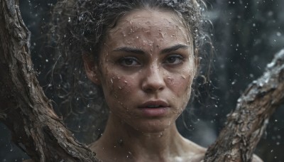 1girl,solo,looking at viewer,short hair,black hair,brown eyes,parted lips,water,blurry,lips,wet,blurry background,messy hair,portrait,snow,freckles,snowing,realistic,wet hair,depth of field,dirty