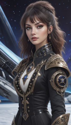 1girl,solo,long hair,breasts,looking at viewer,bangs,brown hair,long sleeves,brown eyes,jewelry,closed mouth,upper body,earrings,sky,belt,medium hair,armor,blurry,lips,makeup,night,blurry background,gem,star (sky),snow,starry sky,realistic,nose,red lips,space,necklace,shoulder armor