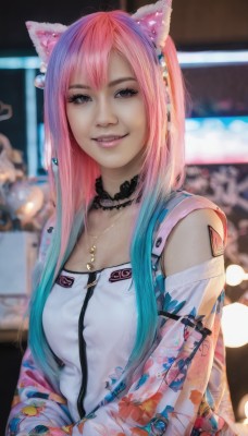 1girl,solo,long hair,breasts,looking at viewer,smile,bangs,shirt,animal ears,jewelry,medium breasts,blue hair,jacket,upper body,pink hair,multicolored hair,parted lips,detached sleeves,teeth,choker,cat ears,necklace,blurry,black eyes,two-tone hair,lips,see-through,grey eyes,aqua hair,tattoo,gradient hair,makeup,depth of field,blurry background,fake animal ears,headphones,fangs,floral print,realistic,nose,mascara,animal ear headphones,cat ear headphones,bag