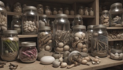 food,no humans,bottle,mushroom,bread,egg,food focus,jar,potato,indoors,fruit,bird,basket,shelf,still life,onion