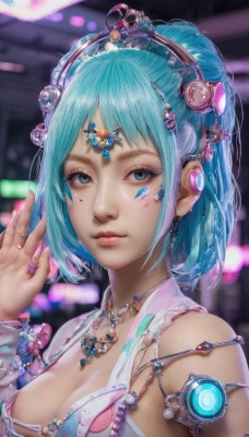 1girl,solo,breasts,looking at viewer,short hair,bangs,blue eyes,hair ornament,cleavage,bare shoulders,jewelry,medium breasts,closed mouth,blue hair,upper body,earrings,frills,hand up,necklace,nail polish,blurry,bracelet,lips,fingernails,grey eyes,eyelashes,aqua hair,makeup,depth of field,blurry background,ring,gem,armlet,science fiction,realistic,nose,mascara,underwear,artist name,bra,headphones,facial mark,pink nails,beads,pink lips,cable,nail art