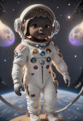 1girl,solo,looking at viewer,smile,open mouth,standing,full body,parted lips,teeth,signature,dark skin,black eyes,helmet,realistic,space,planet,earth (planet),american flag,spacesuit,japanese flag,space helmet,astronaut,brown eyes,blurry,dark-skinned female,lips,moon,star (sky),reflection,badge,very dark skin,button badge