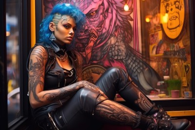 1girl,solo,long hair,breasts,looking at viewer,short hair,bangs,cleavage,bare shoulders,jewelry,medium breasts,sitting,closed mouth,blue hair,jacket,earrings,boots,shoes,belt,pants,indoors,medium hair,necklace,black footwear,lips,window,tattoo,black pants,piercing,denim,arm tattoo,leather,shoulder tattoo,facial tattoo,poster (object),neck tattoo,teeth,alternate costume,vest,torn clothes,blurry background,ear piercing,jeans,torn pants,dreadlocks,torn jeans