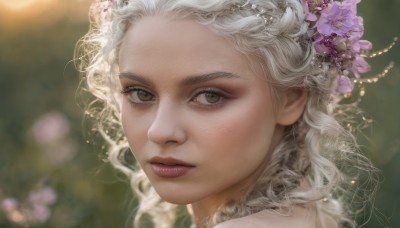 1girl,solo,long hair,looking at viewer,hair ornament,brown eyes,closed mouth,flower,white hair,hair flower,blurry,lips,eyelashes,makeup,depth of field,blurry background,wavy hair,portrait,close-up,curly hair,realistic,nose,purple flower,red lips,yellow eyes,mascara