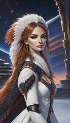 1girl,solo,long hair,breasts,looking at viewer,blue eyes,brown hair,long sleeves,dress,cleavage,jewelry,medium breasts,green eyes,upper body,earrings,sky,white dress,from side,lips,fur trim,makeup,night,feathers,star (sky),starry sky,fur collar,realistic,nose,red lips,space,pillar,bangs,closed mouth,red hair,coat,clothing cutout,cleavage cutout,lipstick,eyeshadow,white coat,shooting star