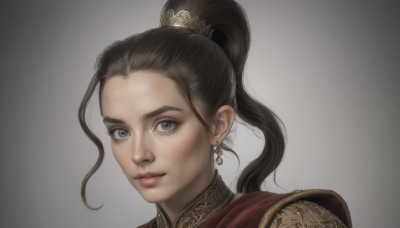 1girl,solo,long hair,looking at viewer,smile,blue eyes,simple background,brown hair,hair ornament,jewelry,closed mouth,ponytail,earrings,grey background,armor,lips,gradient,grey eyes,gradient background,high ponytail,portrait,freckles,realistic,black hair,white background,eyelashes,forehead,nose