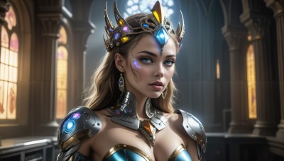 HQ,1girl,solo,long hair,breasts,looking at viewer,blue eyes,blonde hair,brown hair,hair ornament,cleavage,jewelry,medium breasts,collarbone,upper body,earrings,parted lips,artist name,indoors,necklace,armor,blurry,lips,eyelashes,window,strapless,makeup,detached collar,blurry background,headgear,tiara,crown,lipstick,shoulder armor,gem,backlighting,pauldrons,realistic,headpiece,nose,red lips,forehead jewel,cyborg,mascara,church,large breasts,facial mark,sunlight,portrait,eyeshadow,eyeliner,shoulder pads,pillar