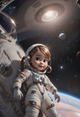 1girl,solo,long hair,looking at viewer,smile,brown hair,gloves,brown eyes,very long hair,braid,child,star (sky),realistic,female child,space,planet,earth (planet),american flag,spacecraft,spacesuit,japanese flag,space helmet,astronaut,parted lips,white gloves,rope,nose