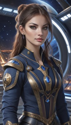 1girl,solo,long hair,breasts,looking at viewer,brown hair,long sleeves,brown eyes,jewelry,upper body,earrings,sky,artist name,hair bun,armor,lips,makeup,night,gem,star (sky),starry sky,freckles,realistic,nose,space,planet,earth (planet),medium breasts,parted lips,science fiction,spacecraft