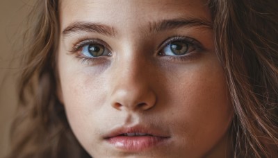 1girl,solo,long hair,looking at viewer,brown hair,brown eyes,parted lips,teeth,lips,eyelashes,portrait,close-up,brown background,realistic,nose,blue eyes,eye focus