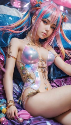 1girl,solo,long hair,breasts,looking at viewer,bangs,blue eyes,blonde hair,hair ornament,navel,bare shoulders,twintails,jewelry,medium breasts,sitting,closed mouth,underwear,blue hair,collarbone,panties,swimsuit,pink hair,thighs,multicolored hair,necklace,hair bun,blurry,bracelet,two-tone hair,lips,streaked hair,double bun,piercing,gem,revealing clothes,breasts apart,armlet,realistic,navel piercing,flower,bikini,earrings,artist name,see-through,watermark,nose