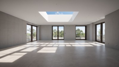 outdoors,sky,day,cloud,indoors,tree,blue sky,no humans,window,shadow,watermark,sunlight,curtains,building,scenery,door,wall,school,hallway,shade,reflective floor