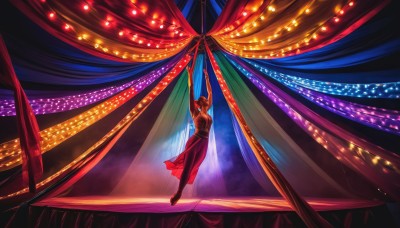 1girl,solo,long hair,brown hair,1boy,dress,male focus,dark skin,arms up,red dress,curtains,dancing,stage,breasts,black hair,bare shoulders,jewelry,full body,closed eyes,sleeveless,armpits,dark-skinned female,glowing,long dress,red theme