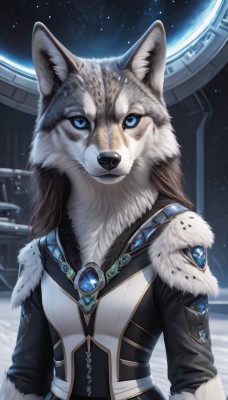 1girl,solo,long hair,breasts,looking at viewer,blue eyes,brown hair,long sleeves,animal ears,jewelry,upper body,sky,fur trim,animal,brooch,gem,star (sky),furry,snow,starry sky,furry female,space,white fur,planet,fur,wolf,signature,fur collar