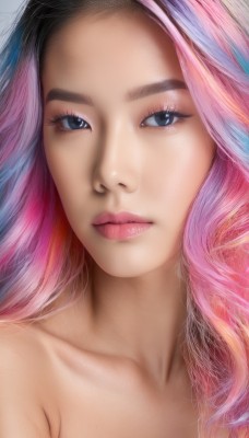 1girl,solo,long hair,looking at viewer,blue eyes,simple background,bare shoulders,closed mouth,blue hair,collarbone,upper body,pink hair,nude,multicolored hair,two-tone hair,lips,eyelashes,makeup,lipstick,portrait,close-up,eyeshadow,realistic,nose,artist name,grey eyes,wavy hair,expressionless,pink lips,mascara,rainbow hair