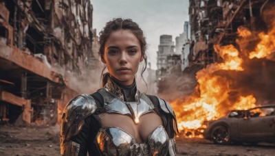 1girl,solo,long hair,breasts,looking at viewer,brown hair,black hair,cleavage,brown eyes,medium breasts,upper body,ponytail,outdoors,parted lips,dark skin,armor,blurry,dark-skinned female,lips,bodysuit,blurry background,cleavage cutout,fire,ground vehicle,shoulder armor,building,motor vehicle,smoke,science fiction,city,realistic,car,explosion,ruins,closed mouth,clothing cutout,pauldrons,burning