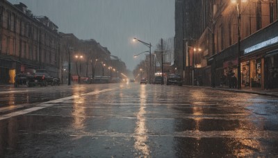 outdoors,sky,cloud,dutch angle,no humans,night,cloudy sky,ground vehicle,building,scenery,motor vehicle,reflection,rain,city,sign,car,light,road,power lines,lamppost,street,road sign,puddle,grey sky,traffic light,crosswalk,tree,wet,window,water drop,evening,pavement,real world location,vanishing point,sidewalk