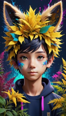 solo,looking at viewer,short hair,bangs,black hair,hair ornament,1boy,animal ears,brown eyes,closed mouth,yellow eyes,upper body,flower,male focus,artist name,hair flower,hood,rabbit ears,lips,fox ears,eyelashes,hoodie,leaf,watermark,facial mark,hood down,plant,portrait,web address,extra ears,yellow flower,nose,sunflower,drawstring,facepaint,black hoodie,blue hoodie,paint splatter,fox boy,1girl,green eyes,sky,night,expressionless,blue shirt,star (sky),night sky,androgynous,freckles,paint