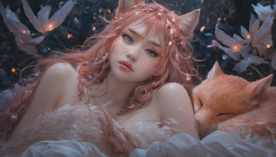 1girl, solo, long hair, looking at viewer, bangs, blue eyes, animal ears, bare shoulders, upper body, pink hair, flower, parted lips, lips, fox ears, animal, freckles, realistic, nose, fox