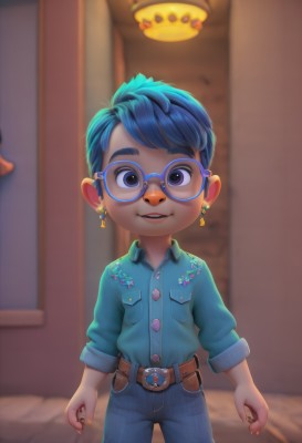 solo,looking at viewer,smile,blue eyes,shirt,1boy,animal ears,jewelry,blue hair,male focus,earrings,glasses,teeth,belt,pants,blurry,blurry background,blue shirt,denim,child,furry,personification,furry male,male child,humanization,blue-framed eyewear,buck teeth,short hair,open mouth,parted lips,collared shirt,indoors,nail polish,upper teeth only,thick eyebrows,buckle,pocket,jeans,belt buckle