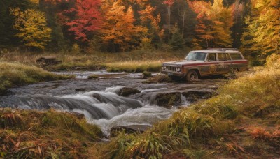 outdoors,day,water,tree,no humans,leaf,traditional media,grass,ground vehicle,nature,scenery,motor vehicle,forest,car,autumn leaves,vehicle focus,river,autumn,waterfall,truck,realistic,road