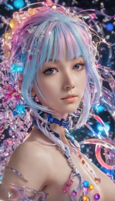 1girl,solo,breasts,looking at viewer,short hair,bangs,blue eyes,hair ornament,cleavage,bare shoulders,jewelry,medium breasts,closed mouth,blue hair,upper body,pink hair,white hair,multicolored hair,parted lips,choker,blunt bangs,necklace,blurry,black eyes,from side,lips,grey eyes,eyelashes,gem,realistic,nose,flower,earrings,hair flower,portrait