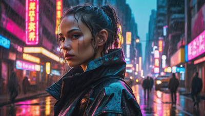 1girl, solo, looking at viewer, black hair, jacket, upper body, outdoors, solo focus, blurry, lips, night, blurry background, rain, city, realistic, nose, cyberpunk, neon lights